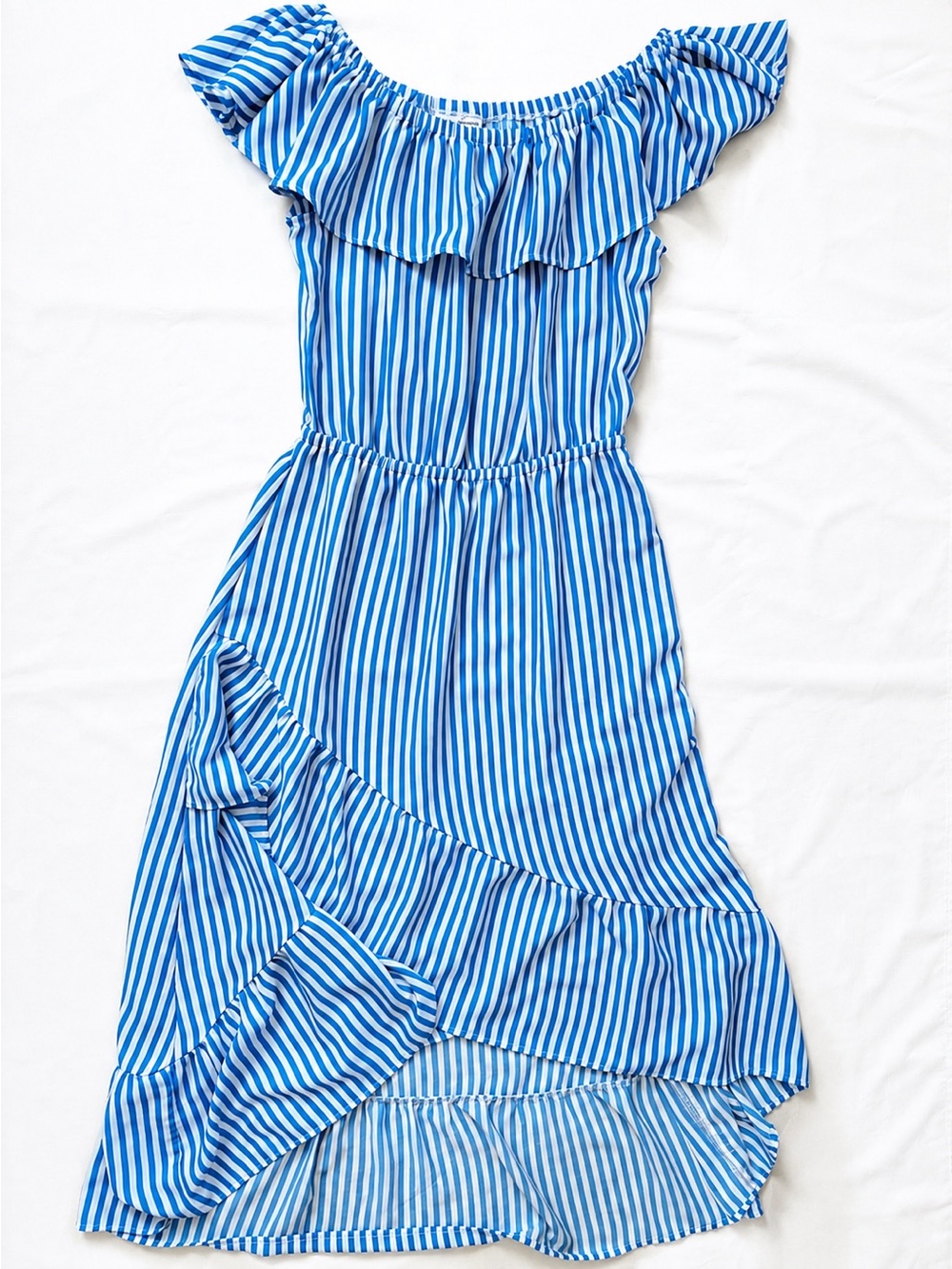 Tommy Bahama Blue & White Striped Off Shoulder Ruffle Midi Dress Medium Vacation